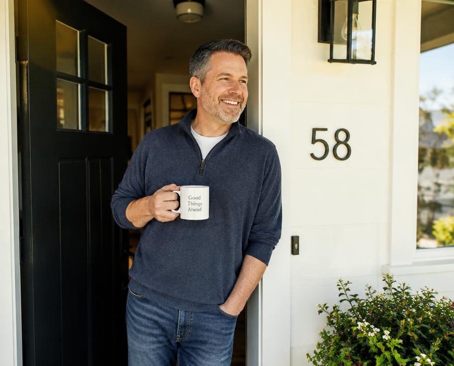 A homeowner smiling in his doorway with a coffee