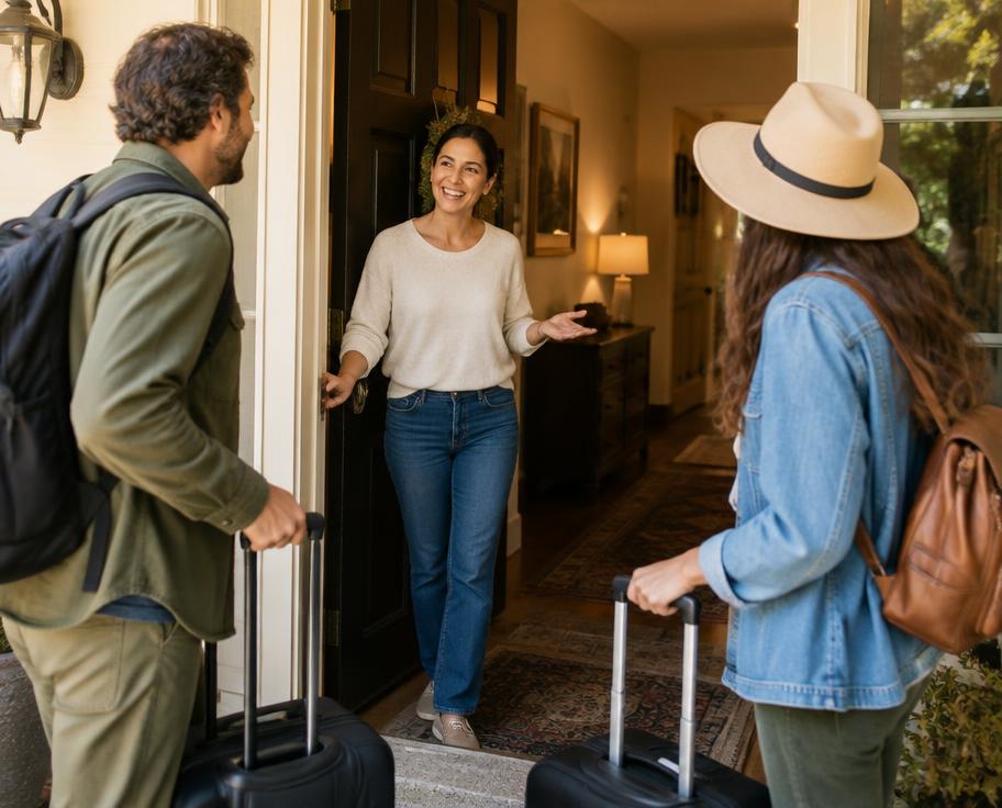 A rental host welcoming guests at the front door